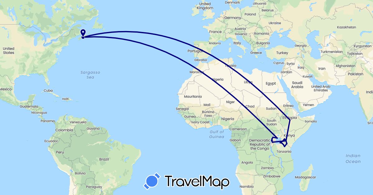 TravelMap itinerary: driving in Canada, Ethiopia, Kenya, Rwanda, Tanzania, Uganda (Africa, North America)